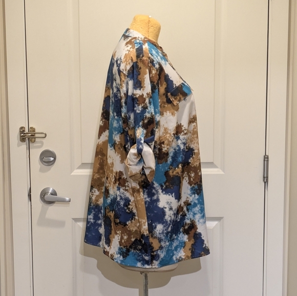 EUC Calvin Klein 3X Turquoise Brown and White Patterned Roll-Up Sleeve Blouse - Picture 7 of 11